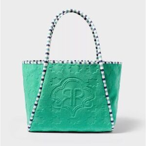 Roller Rabbit Target Star Geo Terry Beach Tote Bag Green Monkey Embossed